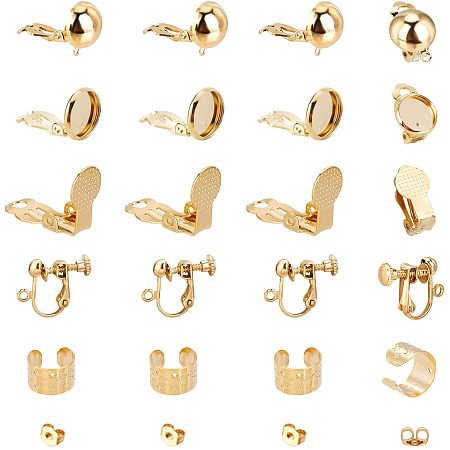 Arricraft 24 Pcs Clip-on Earring Findings, 24k Gold Plated Earring Accessories with Ear Nuts, Clip-on Earring Converter Component for Non-Pierced Earring Making, 6 Styles