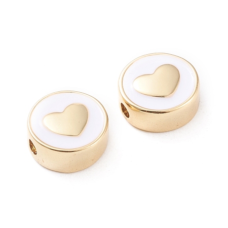 Honeyhandy Brass Enamel Beads, Long-Lasting Plated, Flat Round with Heart, White, Real 18K Gold Plated, 11x5mm, Hole: 1.8mm