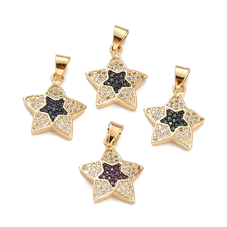 Honeyhandy Brass Micro Pave Cubic Zirconia Pendants, Real 18K Gold Plated, Star, Mixed Color, 17x15x3mm, Hole: 4x3mm