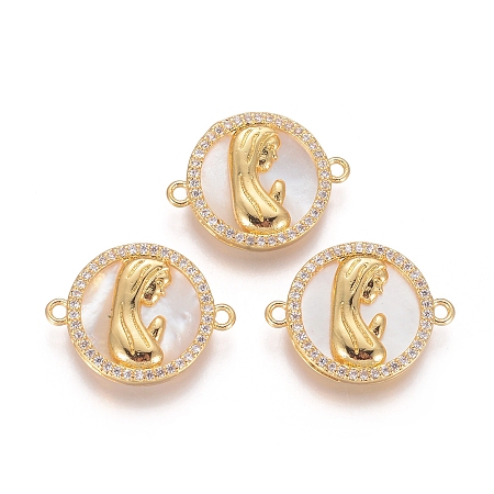 Honeyhandy Brass Micro Pave Cubic Zirconia Links connectors, with Shell, Flat Round with Virgin Mary, Clear, Golden, 15x20x3mm, Hole: 1.4mm