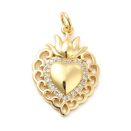 Honeyhandy Rack Plating Brass Micro Pave Cubic Zirconia Pendants, Sacred Heart Charm, Mexican Milagro Flaming Holy Heart Pendant, Long-Lasting Plated, with Jump Rings, Cadmium Free & Lead Free, Real 18K Gold Plated, 23x16x2.5mm, Hole: 3mm
