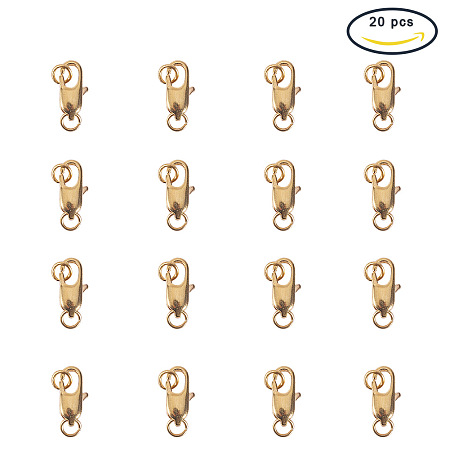 PandaHall Elite Golden Size 18x6mm Brass Lobster Claw Clasps with Rings for Jewelry Making Findings, about 20pcs/bag