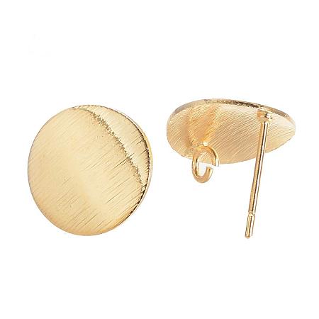ARRICRAFT 50 pcs Brass Stud Earring Components Golden Flat Round Ear Stud with Ear Nuts for Women Men Jewelry Making, 15mm, Hole: 2mm