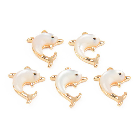 ARRICRAFT Natural White Shell Mother of Pearl Shell Pendants, with Golden Brass Findings, Dolphin, Seashell Color, 17x12.5x2.5mm, Hole: 1mm