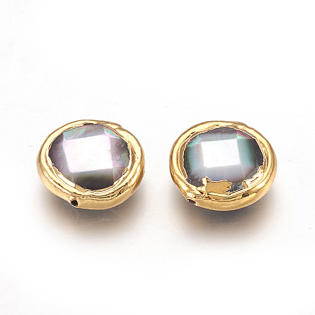 Black Lip Shell Beads, Edge Plated, Faceted, Flat Round, Golden, 14~14.5x4.5~5mm, Hole: 0.8mm