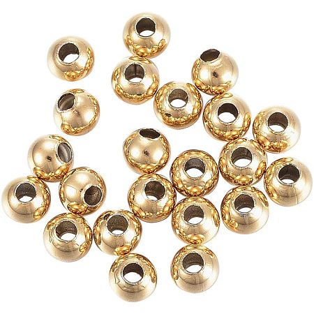 PandaHall Elite 100pcs 4mm Golden Round Beads Stainless Steel Loose Spacers Beads Charm Jewelry findings for Necklace Bracelet Earring Making DIY