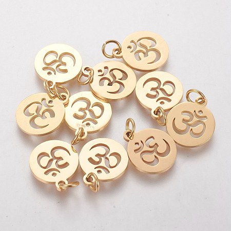 Honeyhandy 304 Stainless Steel Pendants, Flat Round with Om Symbol, Golden, 14x12x1.1mm, Hole: 3mm
