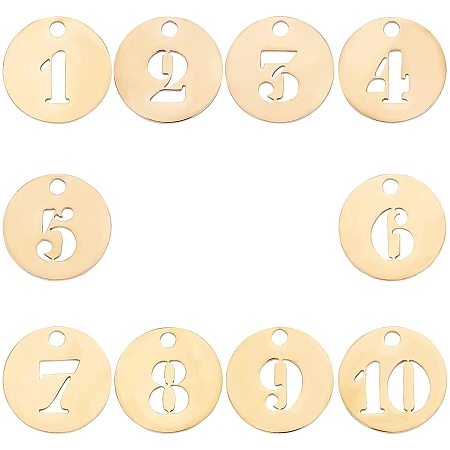 SUNNYCLUE 1 Box 10 Styles 0-9 Number Charms Flat Round Hollow Stainless Steel Disc Pendants Lucky Charms Hole Drilled for DIY Jewelry Making Bracelets Supplies Accessories, Golden