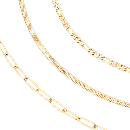 SUNNYCLUE 3 Styles Stainless Steel Chain Necklaces Figaro Chain Bulk Gold Plated Paperclip Herringbone Chain Necklaces Jewelry Making Chain Set for DIY Bracelets Crafts Supplies Accessories
