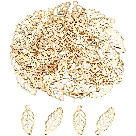 UNICRAFTALE About 60pcs Golden Leaf Pattern Charms Stainless Steel Pendants Metal Hollow Leaf Charm for Necklace Jewelry Making, Hole 1mm