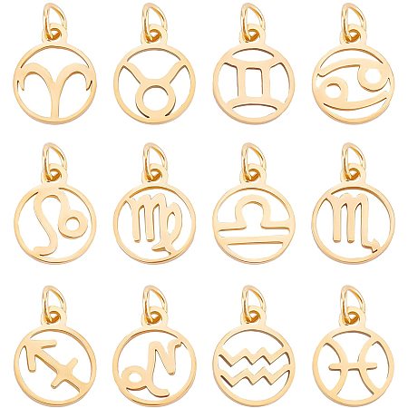 UNICRAFTALE 12Pcs Golden DIY Twelve Constellations Pendant Laser Cut Constellation Pendant with Unique Charm 201 Stainless Steel Pendants with Jump Rings for DIY Earrings Bracelets Necklaces Jewelry