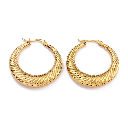 Honeyhandy Ion Plating(IP) 304 Stainless Steel Hoop Earrings, Hypoallergenic Earrings, Textured, Double Horn/Crescent Moon, Real 24K Gold Plated, 34x6mm, Pin: 1mm