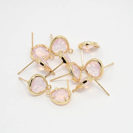 Honeyhandy Real 18K Gold Plated Tone Brass Glass Stud Earring Findings, with Loop, Faceted Triangle, Nickel Free, Lavender Blush, 13x11x4.5mm, Hole: 1mm, Pin: 0.6mm