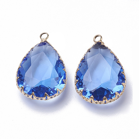 Honeyhandy K9 Glass Pendants, with Golden Tone Brass Findings, Faceted, Drop, Royal Blue, 29~30x19x6~8.5mm, Hole: 2mm