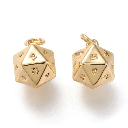 Honeyhandy Brass Charms, with Jump Rings, Long-Lasting Plated, 20 Sided Dice Charm, Real 18K Gold Plated, 13.5x9.5x9.5mm, Hole: 3.2mm