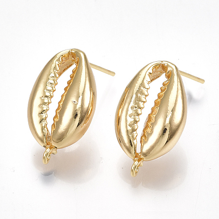 Honeyhandy Brass Stud Earring Findings, with Loop, Cowrie Shells Shape, Nickel Free, Real 18K Gold Plated, 20x12mm, Hole: 1mm, Pin: 0.7mm