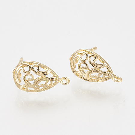 Honeyhandy Brass Ear Stud Findings, with Loop, Teardrop, Nickel Free, Real 18K Gold Plated, 13x7.5mm, Hole: 1mm, Pin: 0.8mm