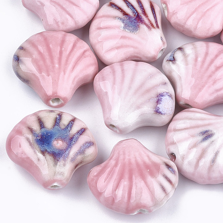 Arricraft Handmade Porcelain Beads, Fancy Antique Glazed Porcelain, Shell, Pink, 28~29x32~33x12.5~14mm, Hole: 3~3.5mm