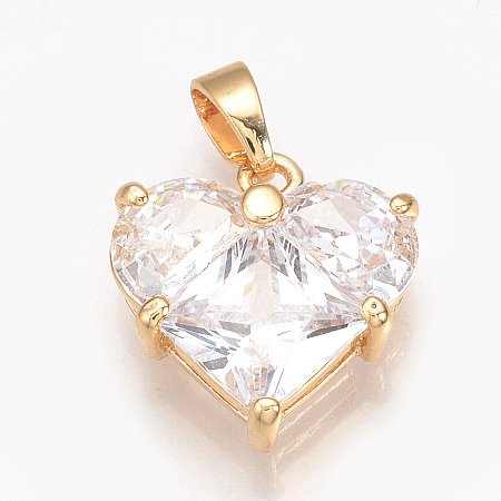 Honeyhandy Brass Cubic Zirconia Charms, Nickel Free, Real 18K Gold Plated, Heart, Golden, 15x14x4.5mm, Hole: 3x4mm
