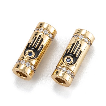 Honeyhandy Real 18K Gold Plated Brass Micro Pave Clear Cubic Zirconia Tube Beads, with Enamel, Column with Hamsa Hand, Black, 18x8x7mm, Hole: 3.5mm