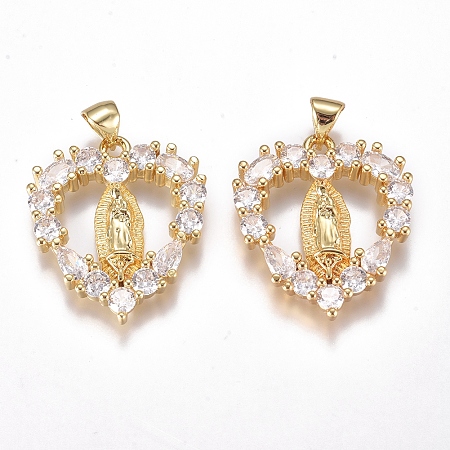 Honeyhandy Brass Micro Pave Cubic Zirconia Pendants, Long-Lasting Plated, Heart with Virgin Mary, Clear, Golden, 24.5x21.5x3.5mm, Hole: 5x4mm