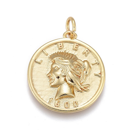 Honeyhandy Brass Pendants, with Jump Rings, Long-Lasting Plated, Flat Round with Human, Word Liberty, Real 18K Gold Plated, 20x18x3mm, Hole: 3mm