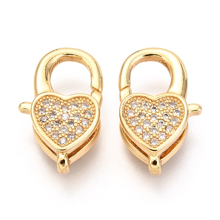 Honeyhandy Brass Micro Pave Cubic Zirconia Lobster Claw Clasps, Heart, Real 18K Gold Plated, 17x10x5mm, Hole: 1x2mm