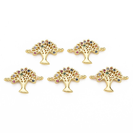 Honeyhandy Brass Micro Pave Cubic Zirconia Links, Tree, Colorful, Golden, 13x18.5x2.5mm, Hole: 1mm