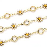 Honeyhandy 3.28 Feet Handmade Brass Link Chains, with Clear Glass Rhinestone and Enamel, Long-Lasting Plated, Soldered, Daisy, Golden, Links: 12.8x7.5x2.1mm and 12.6x6.7x2.9mm