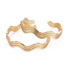 Honeyhandy Long-Lasting Plated Brass Cuff Bangles, Wave, Golden, 2-1/8 inch(5.45cm)