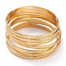 Honeyhandy 7Pcs Women's Simple Fashion Textured PVD Vacuum Plating 304 Stainless Steel Stackable Bangles, Golden, Inner Diameter: 2-5/8 inch(6.8cm)