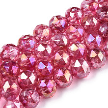 Honeyhandy Transparent Electroplate Glass Beads Strands, AB Color Plated, Faceted, Round, Cerise, 8x7.5mm, Hole: 1.8mm, about 50pcs/strand, 14.96''(38cm)