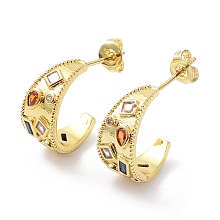 Honeyhandy Colorful Cubic Zirconia Crescent Moon Stud Earrings, Rack Plating Brass Earrings, Cadmium Free & Lead Free, Real 18K Gold Plated, 15.5x14x7mm