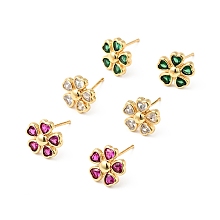 Honeyhandy Rack Plating Brass Cubic Zirconia Stud Earrings for Women, Cadmium Free & Lead Free, Heart Flower, Real 18K Gold Plated, Mixed Color, 10.5x11mm, Pin: 0.7mm