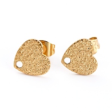 Honeyhandy Ion Plating(IP) 304 Stainless Steel Stud Earring Findings, with Ear Nuts/Earring Backs and Hole, Heart Shape with Textured, Golden, 8.4x9x1mm, Pin: 0.8mm