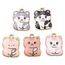 Printed Alloy Pendants, Golden, Cadmium Free & Nickel Free & Lead Free, Cat Shape Charms, Mixed Color, 22x17x3mm, Hole: 2mm