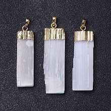 Honeyhandy Natural Selenite Big Pendants, Rectangle Charms, with Rack Plating Brass Findings, Golden, 52~61x14~19x5~7mm, Hole: 8x5mm