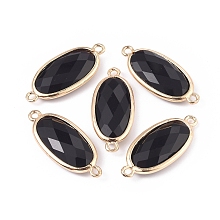 Honeyhandy Natural Black Agate Links connectors, with Brass Findings, Faceted, Oval, Golden, 28~28.5x12x5mm, Hole: 1.6mm