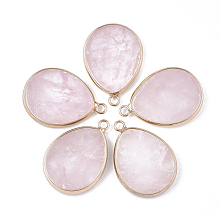 Honeyhandy Natural Rose Quartz Pendants, with Brass Findings, teardrop, Golden, 30.5x21~22x3~3.5mm, Hole: 2mm