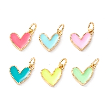 Honeyhandy Rack Plating Brass Enamel Charms, with Jump Ring, Cadmium Free & Nickel Free & Lead Free, Real 18K Gold Long-Lasting Plated, Heart, Mixed Color, 9x7x2mm, Hole: 2.5mm