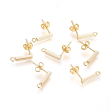 Honeyhandy Brass Stud Earring Finding, Long-Lasting Plated, with Loop and Ear Nuts, Strip, Real 18K Gold Plated, 13x2x2mm, Hole: 1.6mm, Pin: 0.7mm