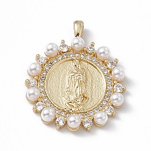 Honeyhandy Rack Plating Brass Micro Pave Cubic Zirconia Pendants, with Plastic Imitation Pearl, Cadmium Free & Lead Free, Long-Lasting Plated, Flat Round with Religion Virgin Mary Charm, Real 18K Gold Plated, 27x22x3.5mm, Hole: 1.5x3mm