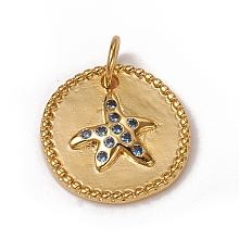 Honeyhandy Brass Micro Pave Cornflower Blue Cubic Zirconia Charms, with Jump Rings, Long-Lasting Plated, Flat Round with Starfish/Sea Stars, Golden, 14x2mm, Jump Ring: 5x0.7mm, Inner Diameter: 3.6mm