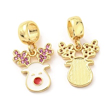 Real 18K Gold Plated Brass Micro Pave Cubic Zirconia Pendents, with Enamel, Lead Free & Cadmium Free, Reindeer, White, 23mm, Pendent: 15x13x2mm, Hole: 5mm