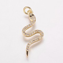 Honeyhandy Brass Cubic Zirconia Pendants, Snake, Golden, 29.5x12x2mm, Hole: 3mm