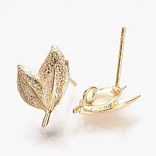 Honeyhandy Brass Ear Stud Findings, with Loop, Nickel Free, Real 18K Gold Plated, Leaf, 15.5x10mm, Hole: 2mm, pin: 0.5mm