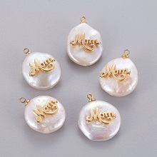 Honeyhandy Mother's Day Theme, Natural Cultured Freshwater Pearl Pendants, with Brass Cabochons, Nuggets with Word Mom, Golden, 14~28x12~22x5~12mm, Hole: 1.2mm