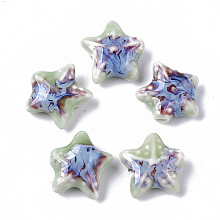 Honeyhandy Handmade Porcelain Beads, Fancy Antique Glazed Porcelain, Starfish/Sea Stars, Medium Aquamarine, 19~20x20.5~22.5x7.5~8.5mm, Hole: 2mm