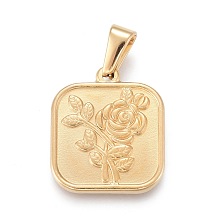 Honeyhandy Valentine's Day 304 Stainless Steel Pendants, Square with Rose, Golden, 20.5x17.5x2mm, Hole: 3x6.5mm