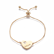 Honeyhandy Mother's Day Gifts, 201 Stainless Steel Slider Bracelets, Box Chains, Heart with Word Mom, Golden, 9-5/8 inch~9-7/8 inch(24.5~25cm), Links: 15.5x22x1.5mm